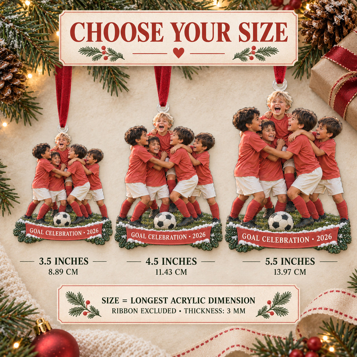 Custom Photo Goal Celebration Group Acrylic Ornament — Size guide