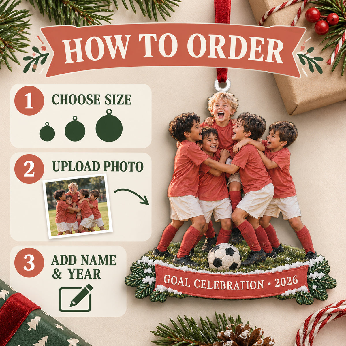Custom Photo Goal Celebration Group Acrylic Ornament — How to order