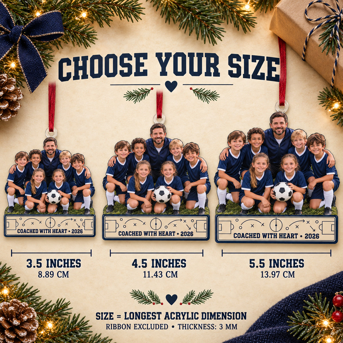 Custom Photo Coach and Team Sideline Acrylic Ornament — Size guide