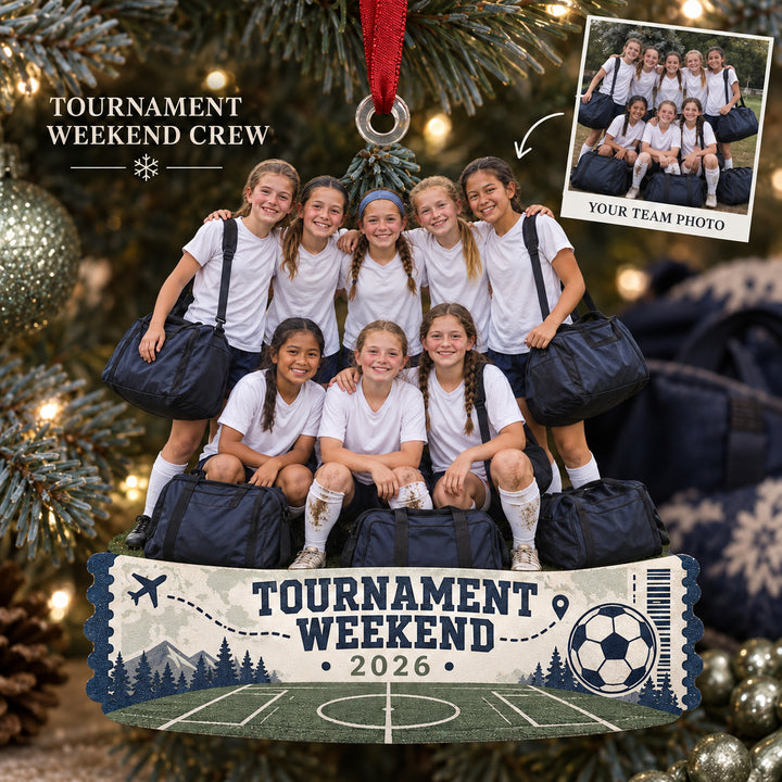 Custom Photo Soccer Tournament Weekend Acrylic Ornament — Main design