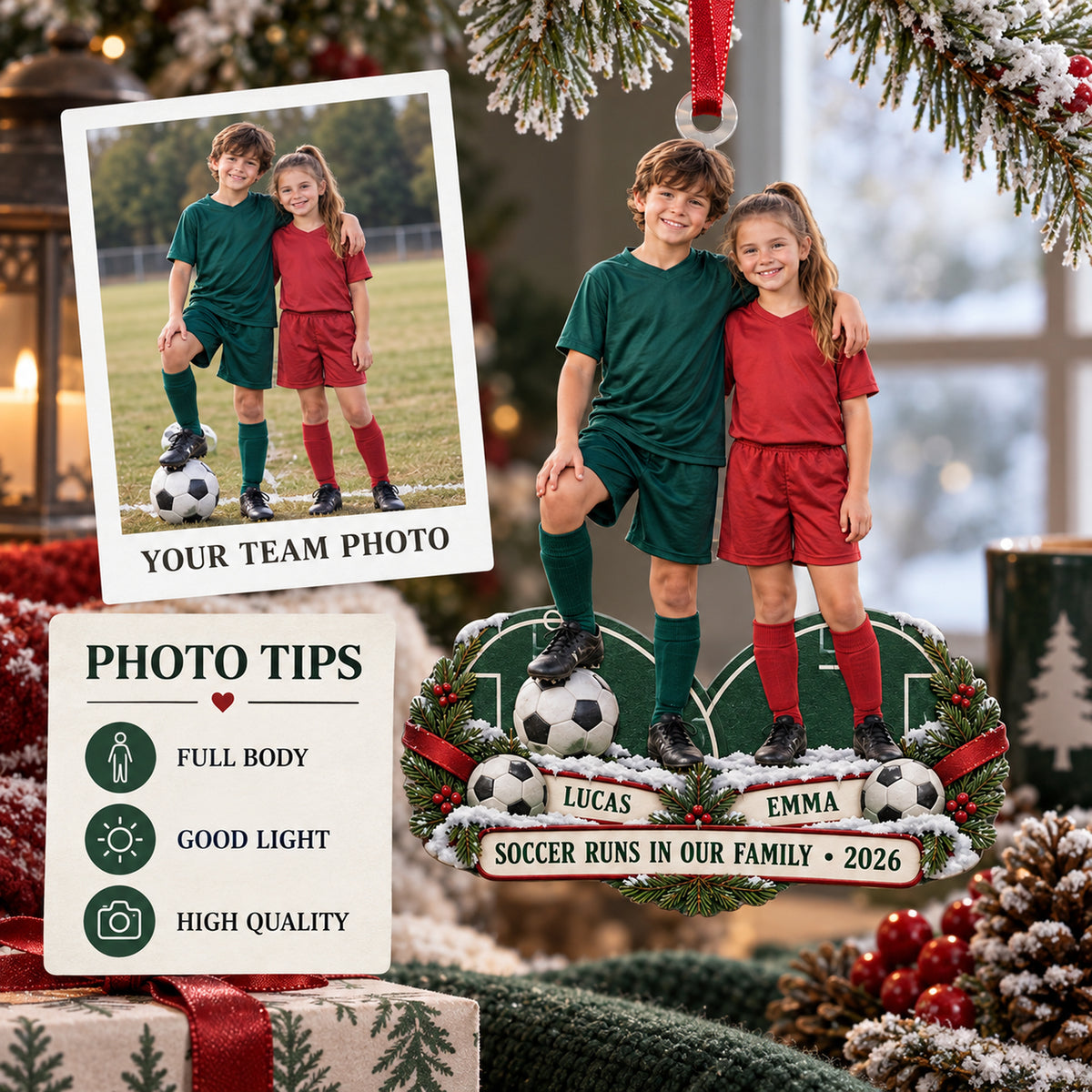 Custom Photo Sibling Soccer Duo Acrylic Ornament — Personalization guide