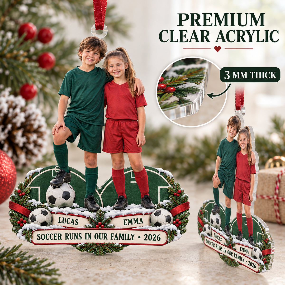 Custom Photo Sibling Soccer Duo Acrylic Ornament — Flat acrylic material