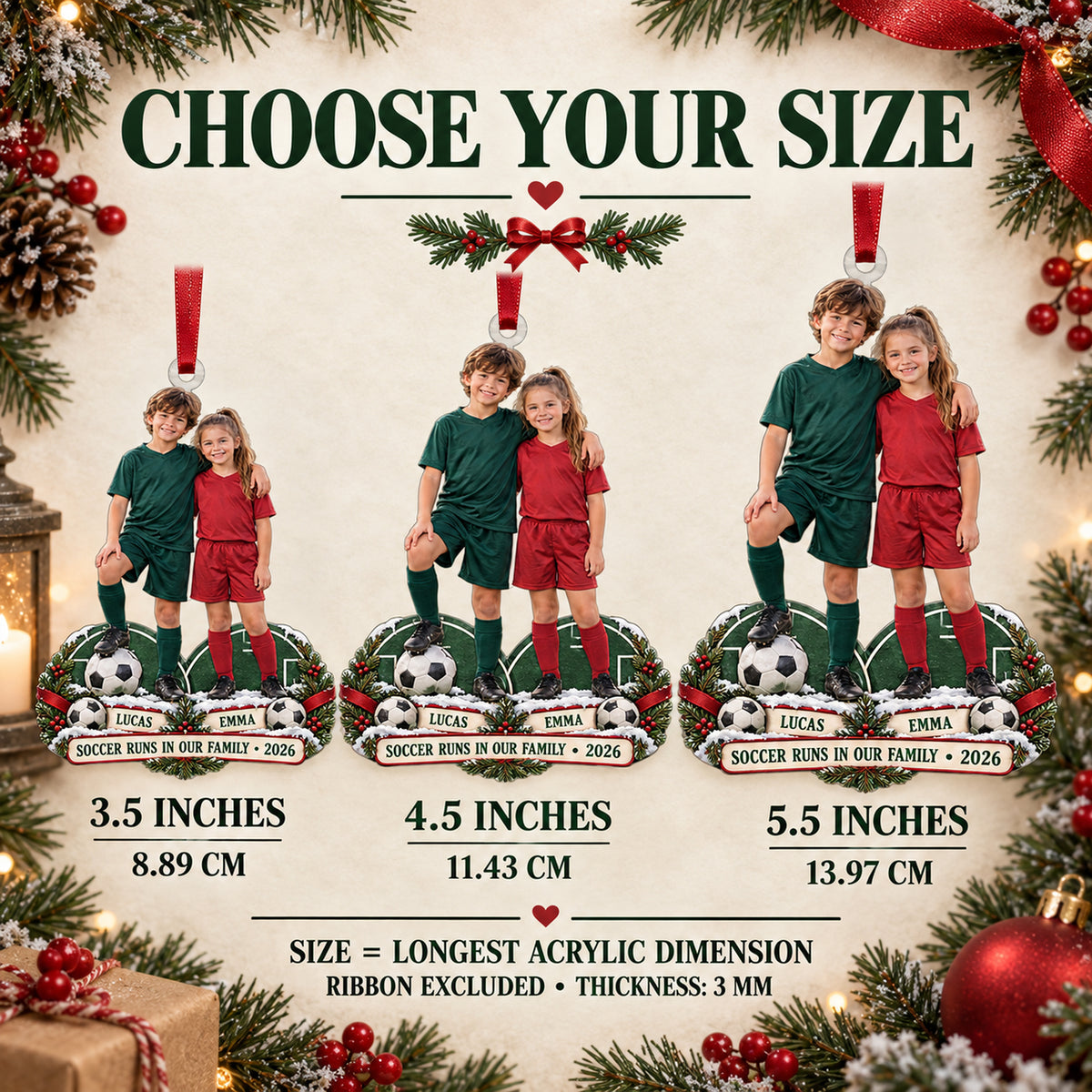 Custom Photo Sibling Soccer Duo Acrylic Ornament — Size guide