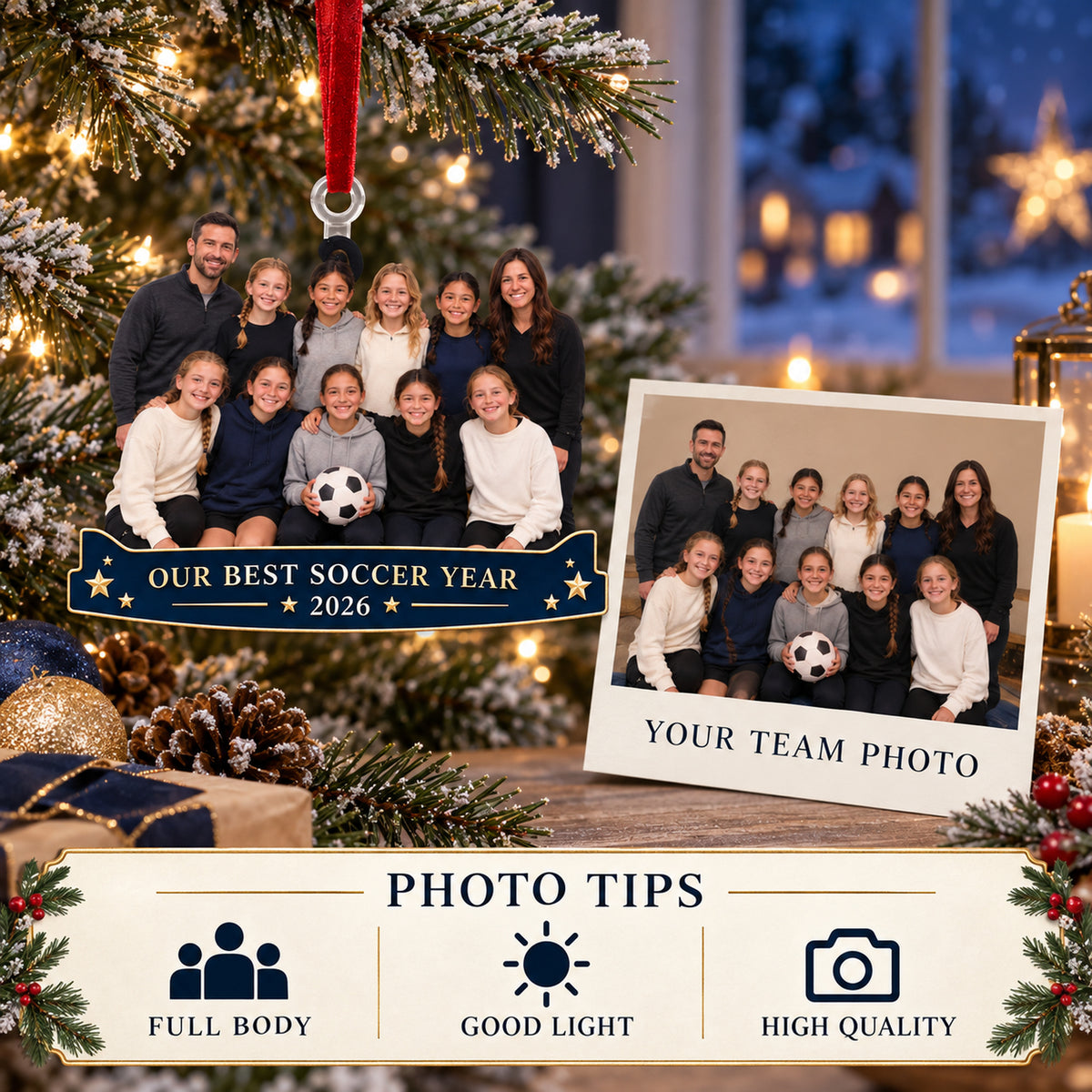 Custom Photo Youth Soccer Team Banquet Acrylic Ornament — Personalization guide