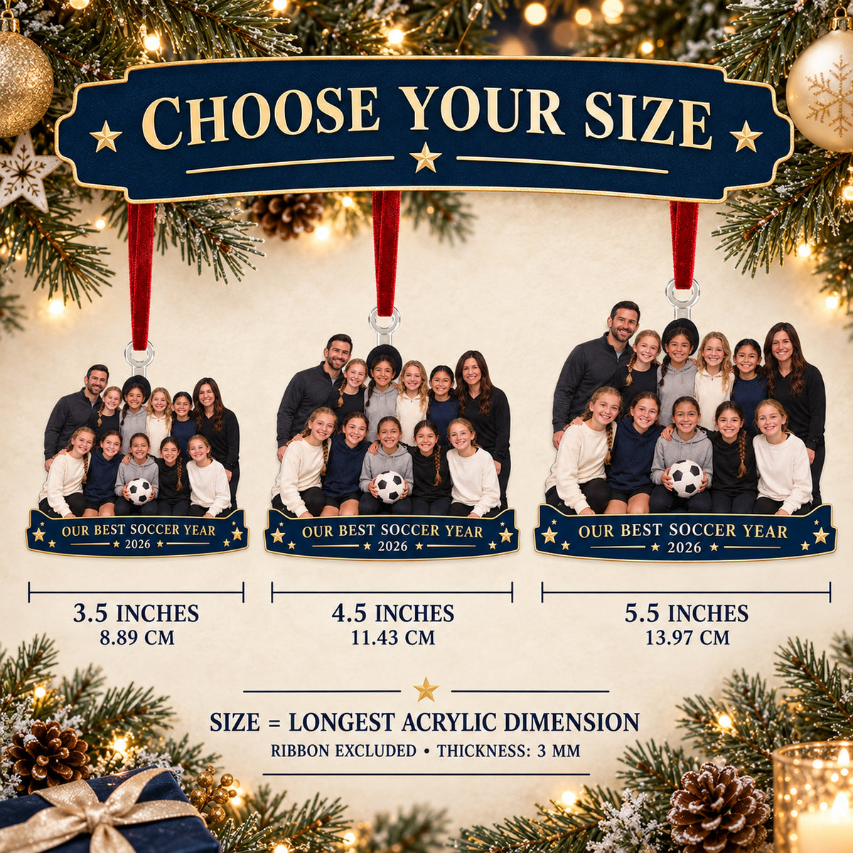 Custom Photo Youth Soccer Team Banquet Acrylic Ornament — Size guide