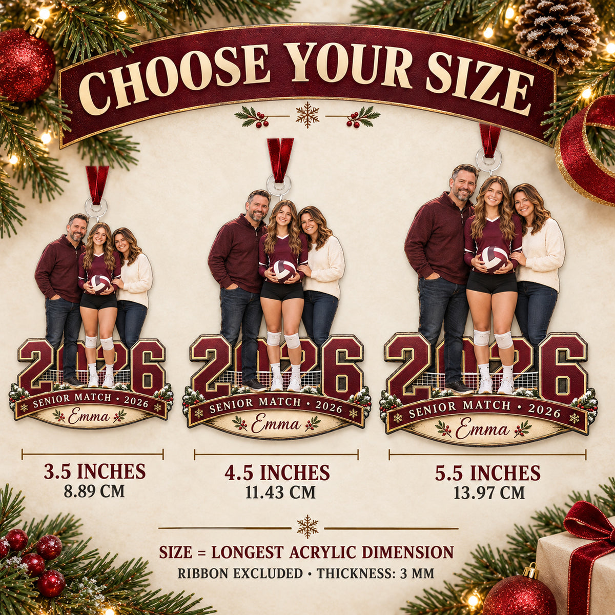 Custom Photo Volleyball Senior Match Player and Parents Acrylic Ornament — Size guide