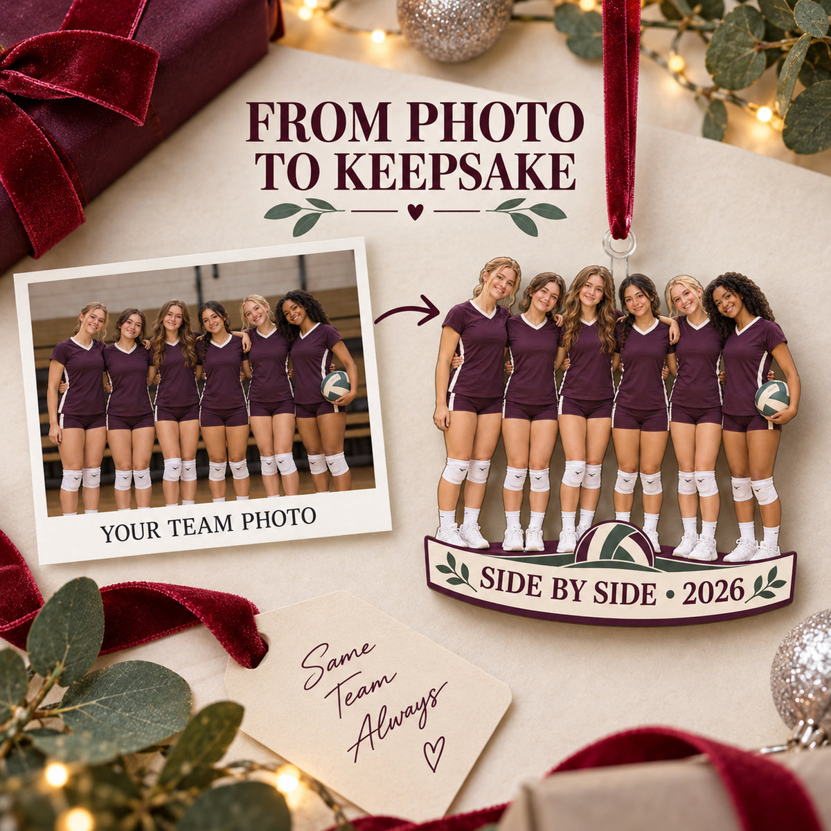 Custom Photo Teammates Arms Linked Acrylic Ornament — Personalization example