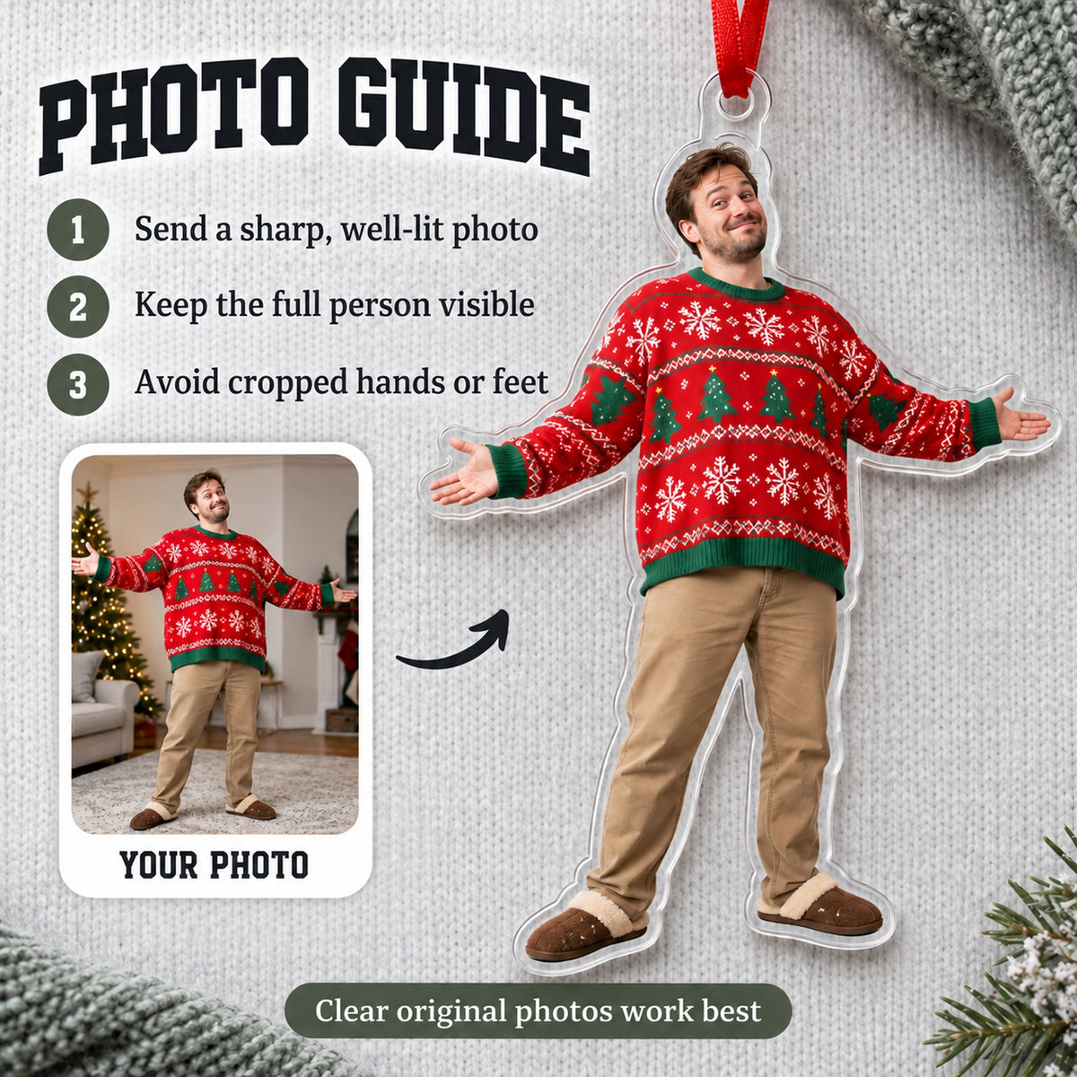Custom Photo Ugly Sweater Star Acrylic Ornament — Personalization guide