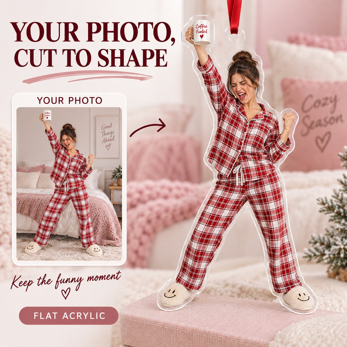 Custom Photo Pajama Party Pose Acrylic Ornament — Main design