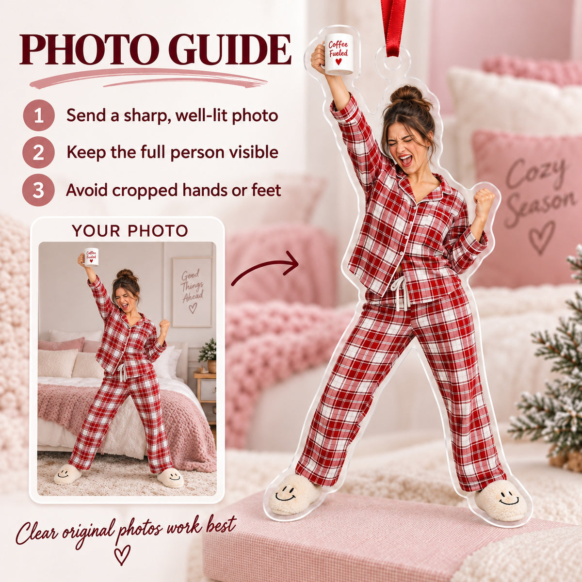 Custom Photo Pajama Party Pose Acrylic Ornament — Personalization guide