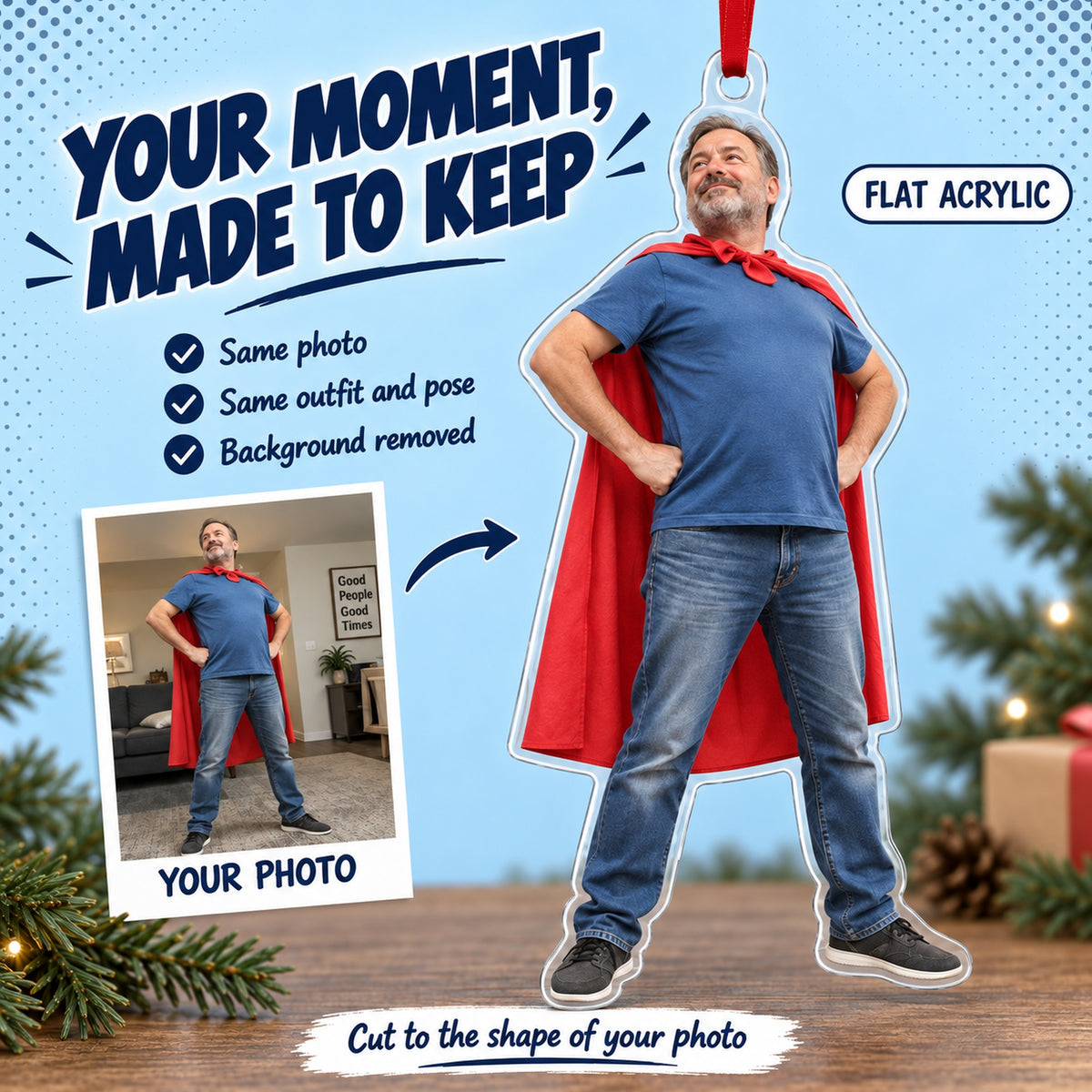 Custom Photo Dad Superhero Acrylic Ornament — Personalization example