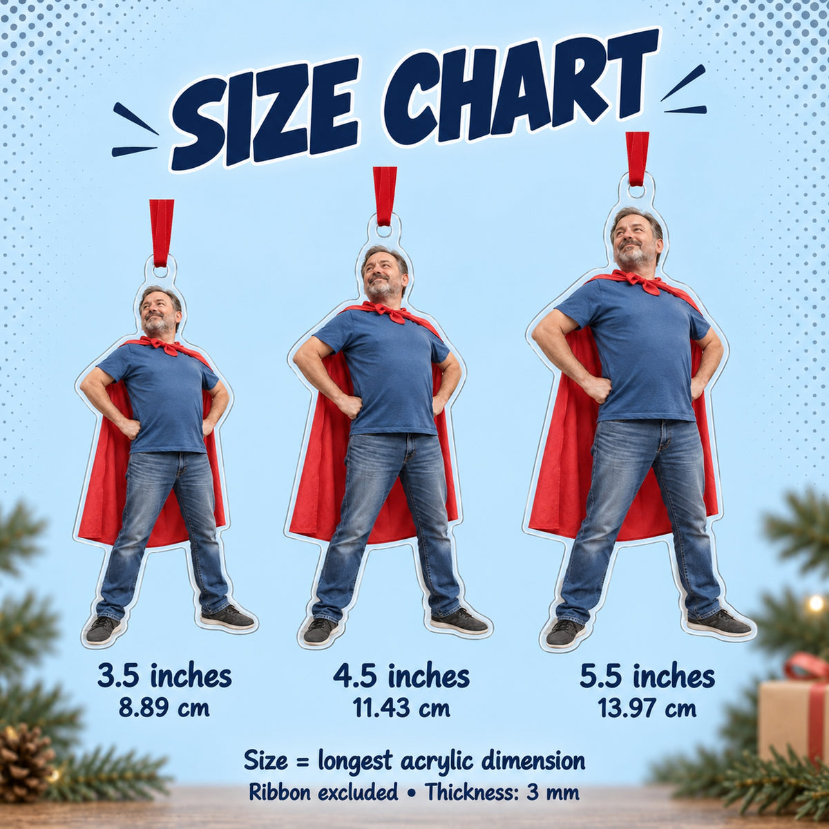 Custom Photo Dad Superhero Acrylic Ornament — Size guide