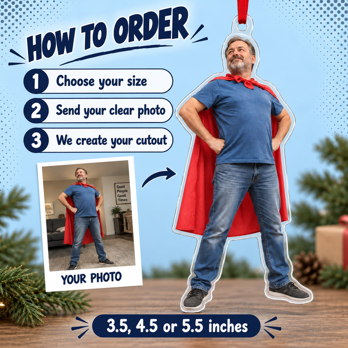 Custom Photo Dad Superhero Acrylic Ornament — How to order