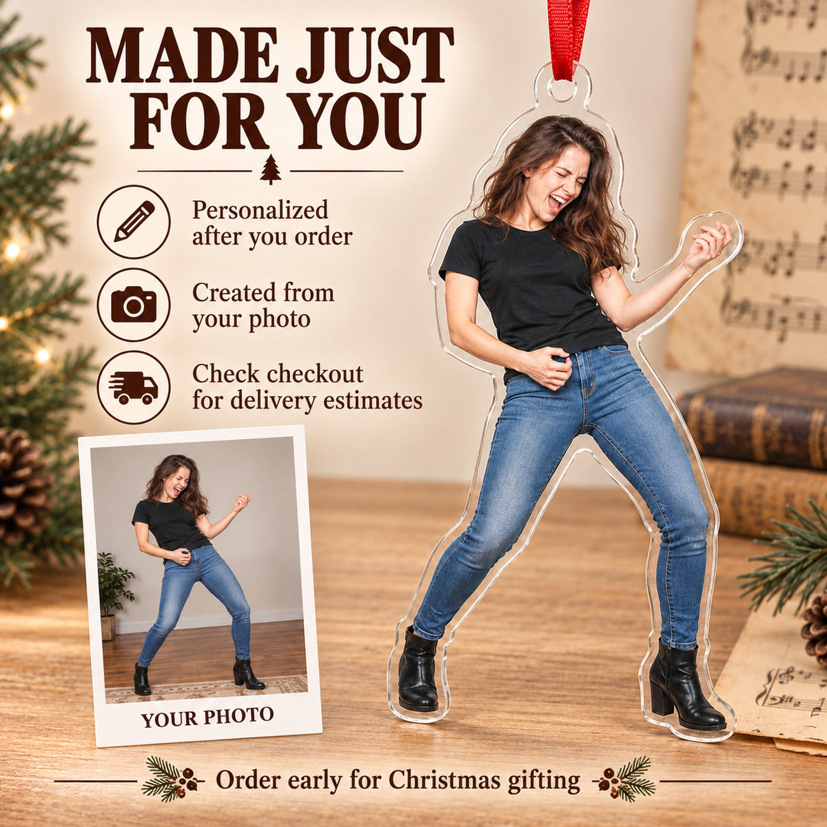 Custom Photo Air Guitar Hero Acrylic Ornament — Production and delivery