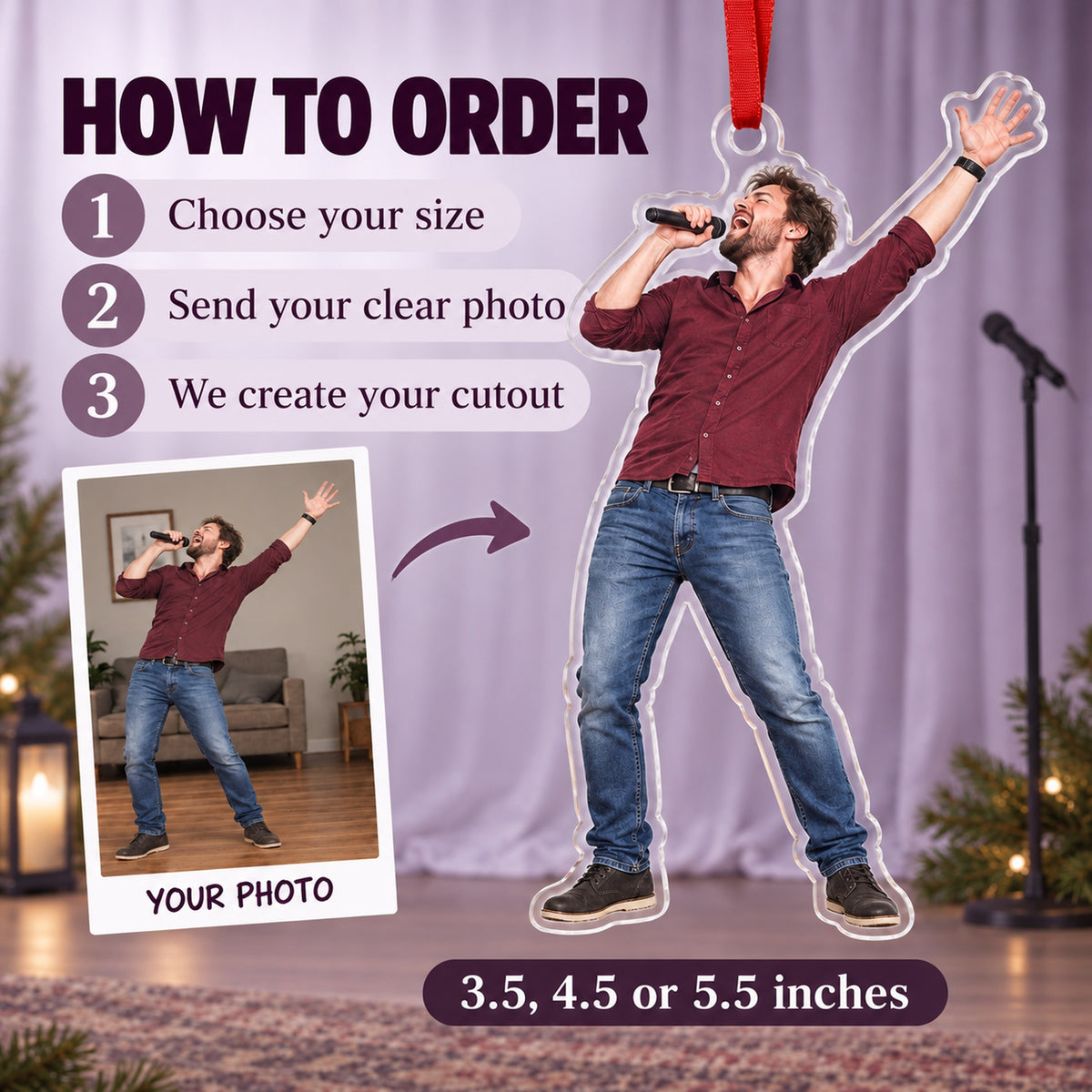 Custom Photo Karaoke Superstar Acrylic Ornament — How to order