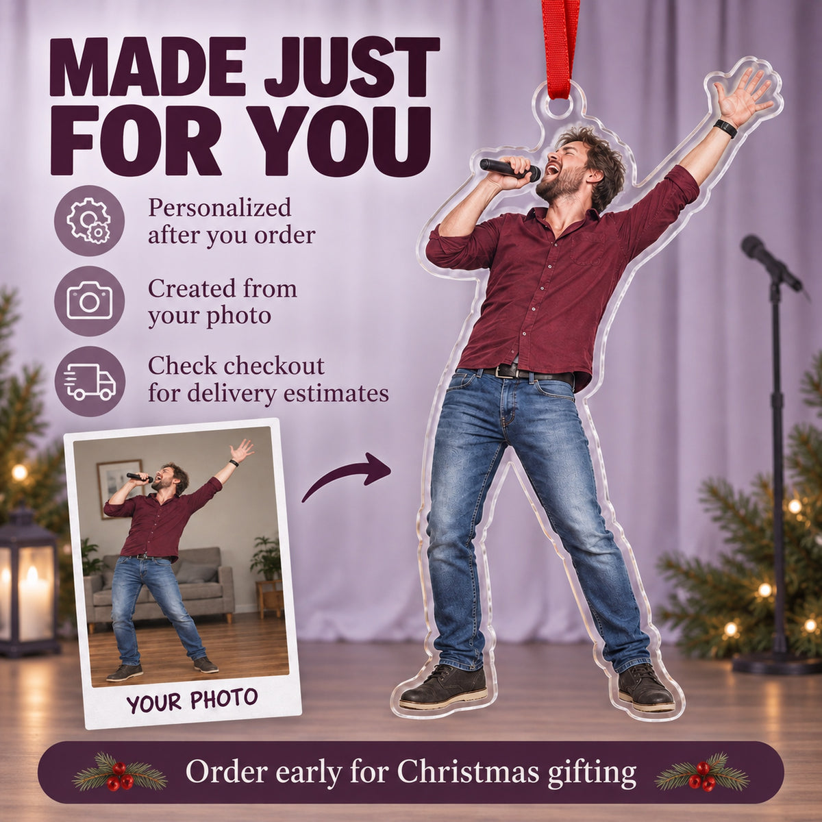 Custom Photo Karaoke Superstar Acrylic Ornament — Production and delivery