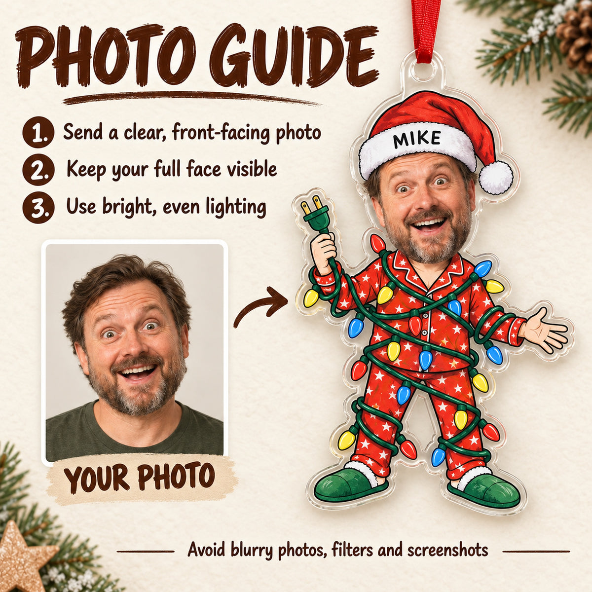 Custom Face Christmas Lights Disaster Acrylic Ornament — Photo or personalization guide