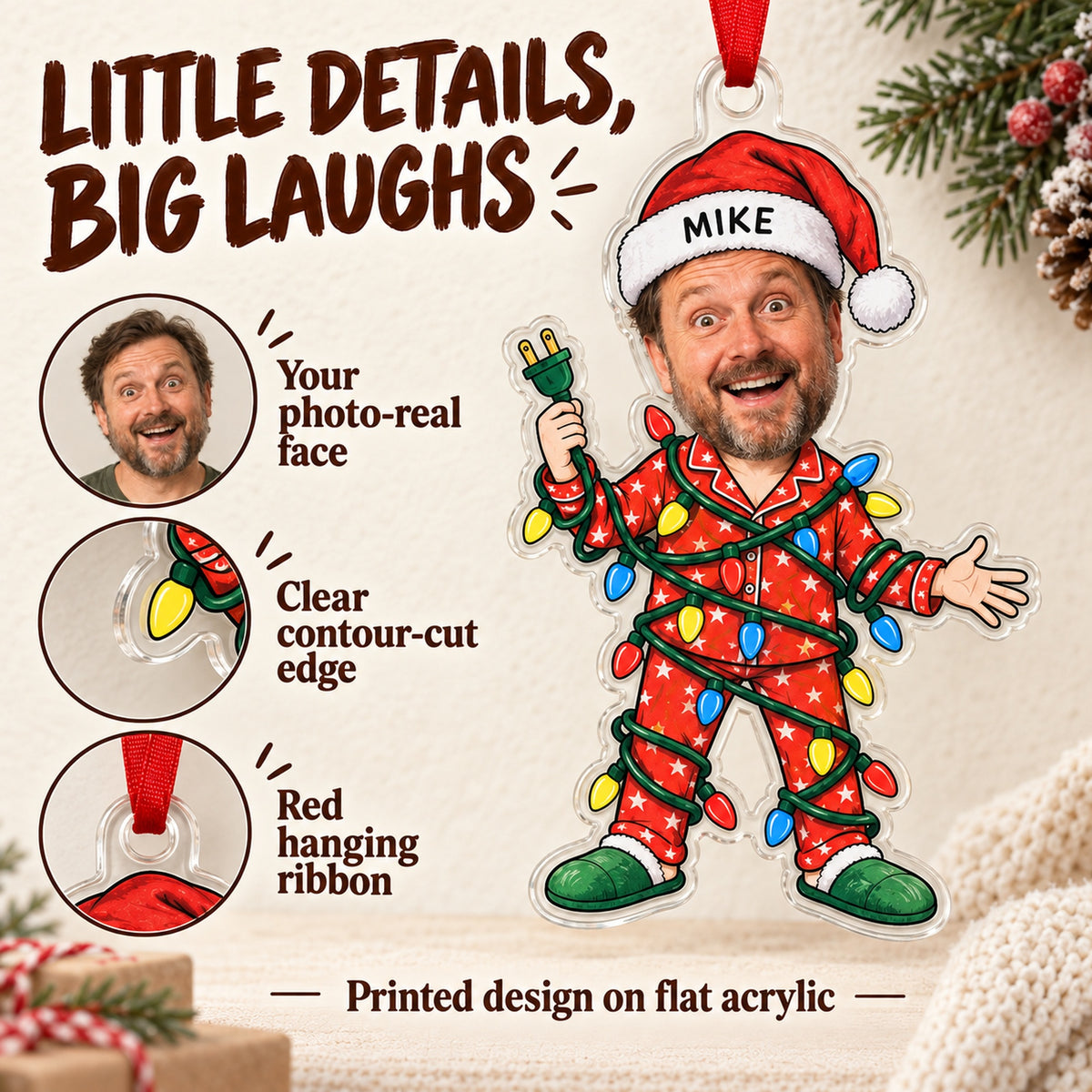 Custom Face Christmas Lights Disaster Acrylic Ornament — Product details