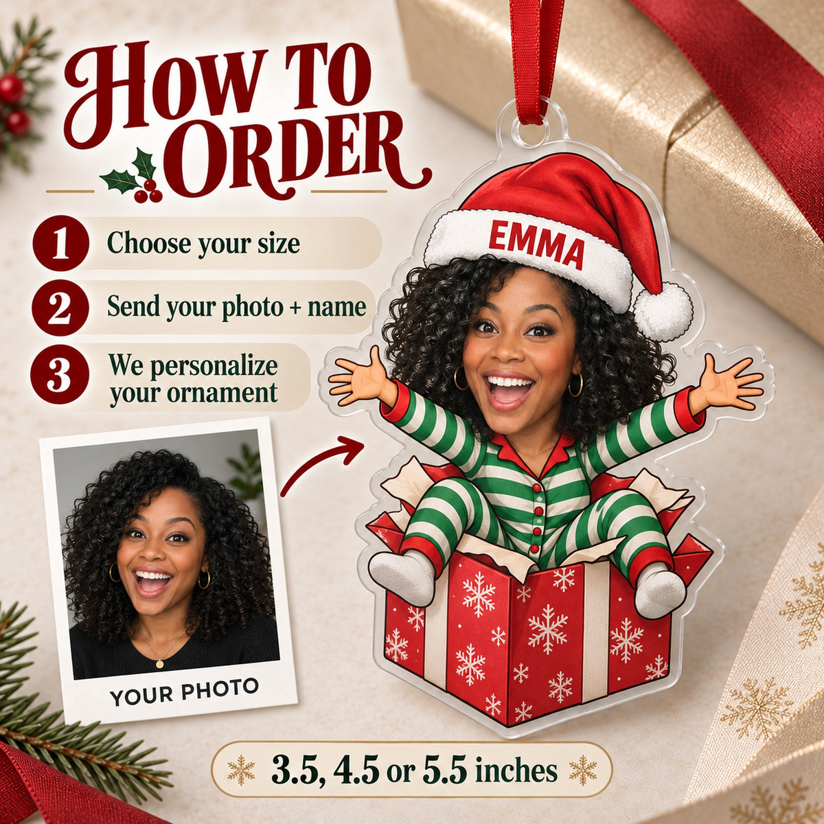 Custom Photo Face Surprise Gift Box Acrylic Ornament — How to order