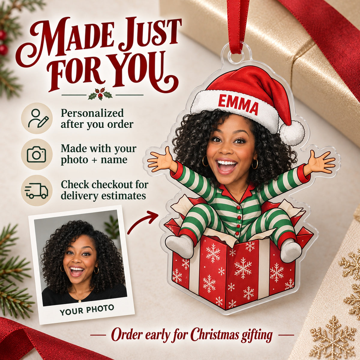 Custom Photo Face Surprise Gift Box Acrylic Ornament — Production and delivery