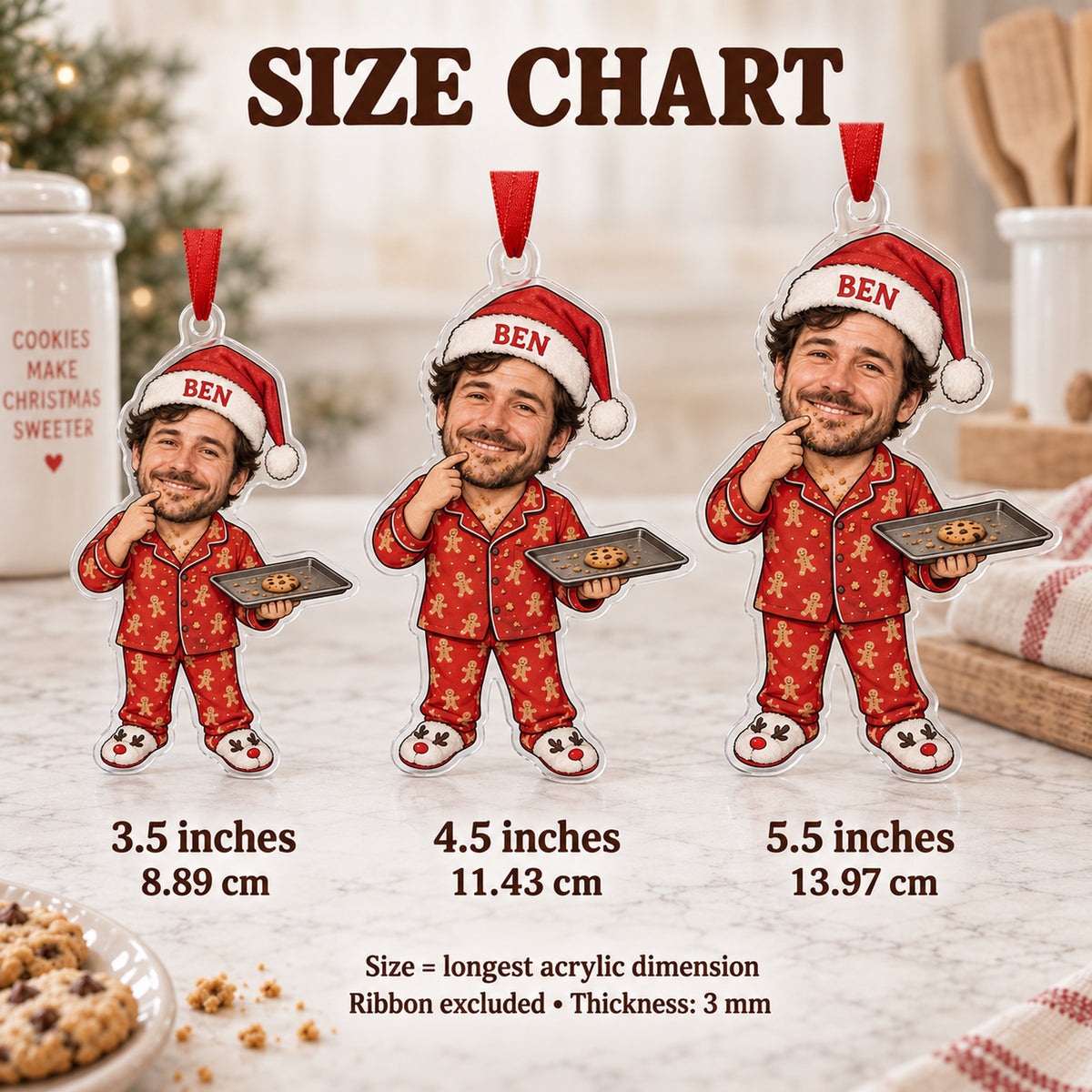 Custom Photo Face Cookie Quality Control Acrylic Ornament — Size guide