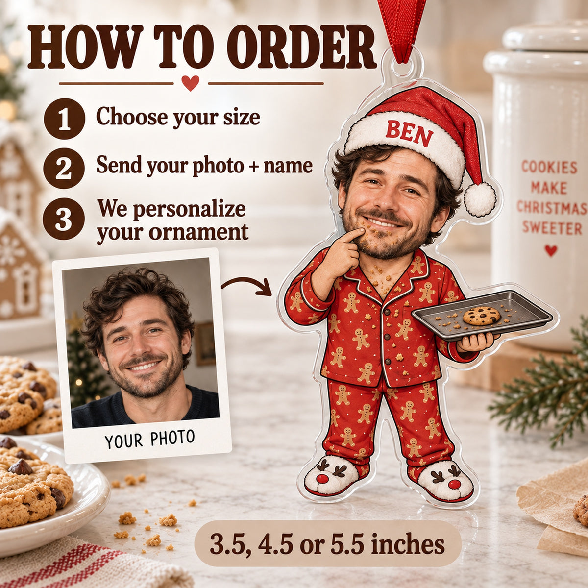 Custom Photo Face Cookie Quality Control Acrylic Ornament — How to order