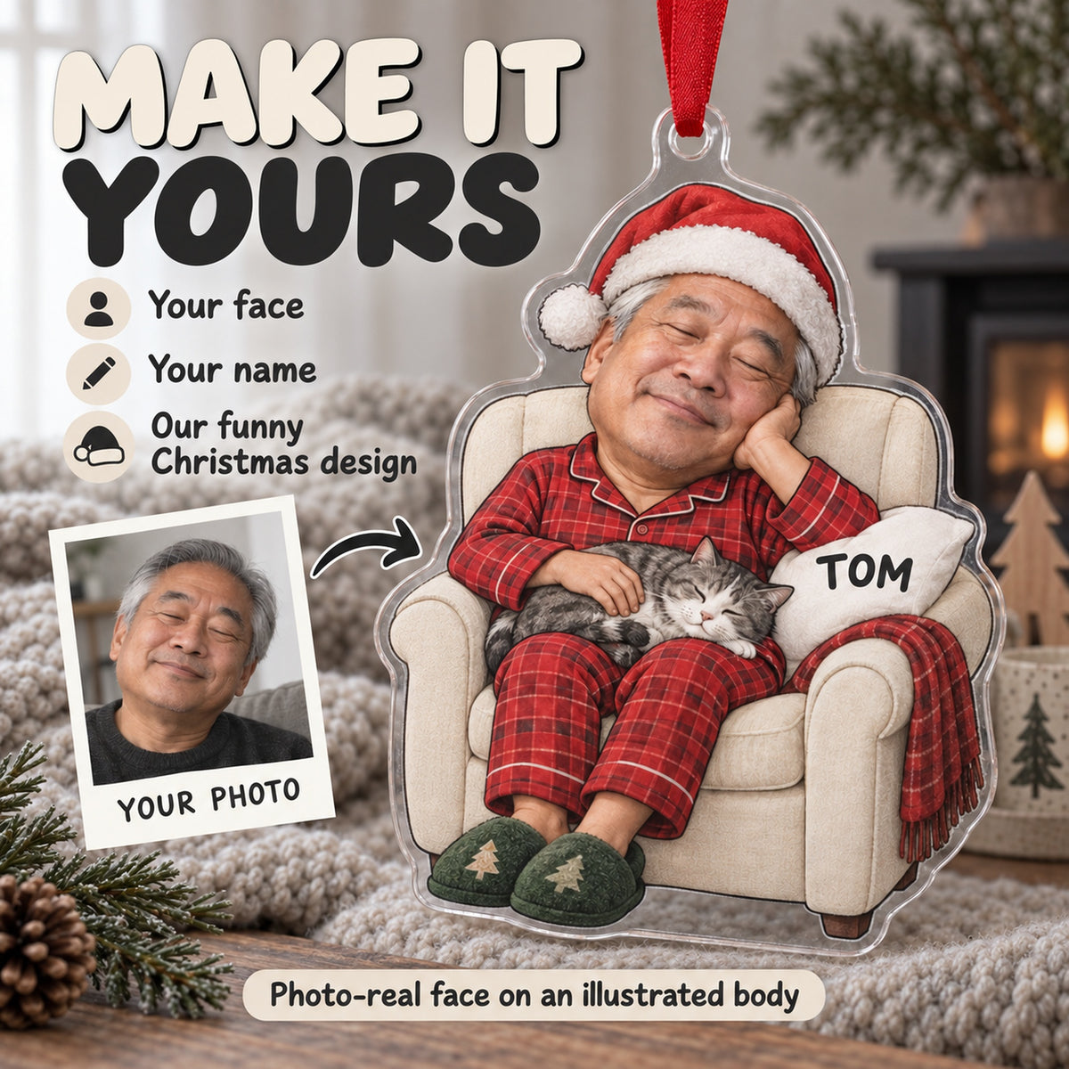 Custom Photo Face Holiday Nap Champion Acrylic Ornament — Personalization example