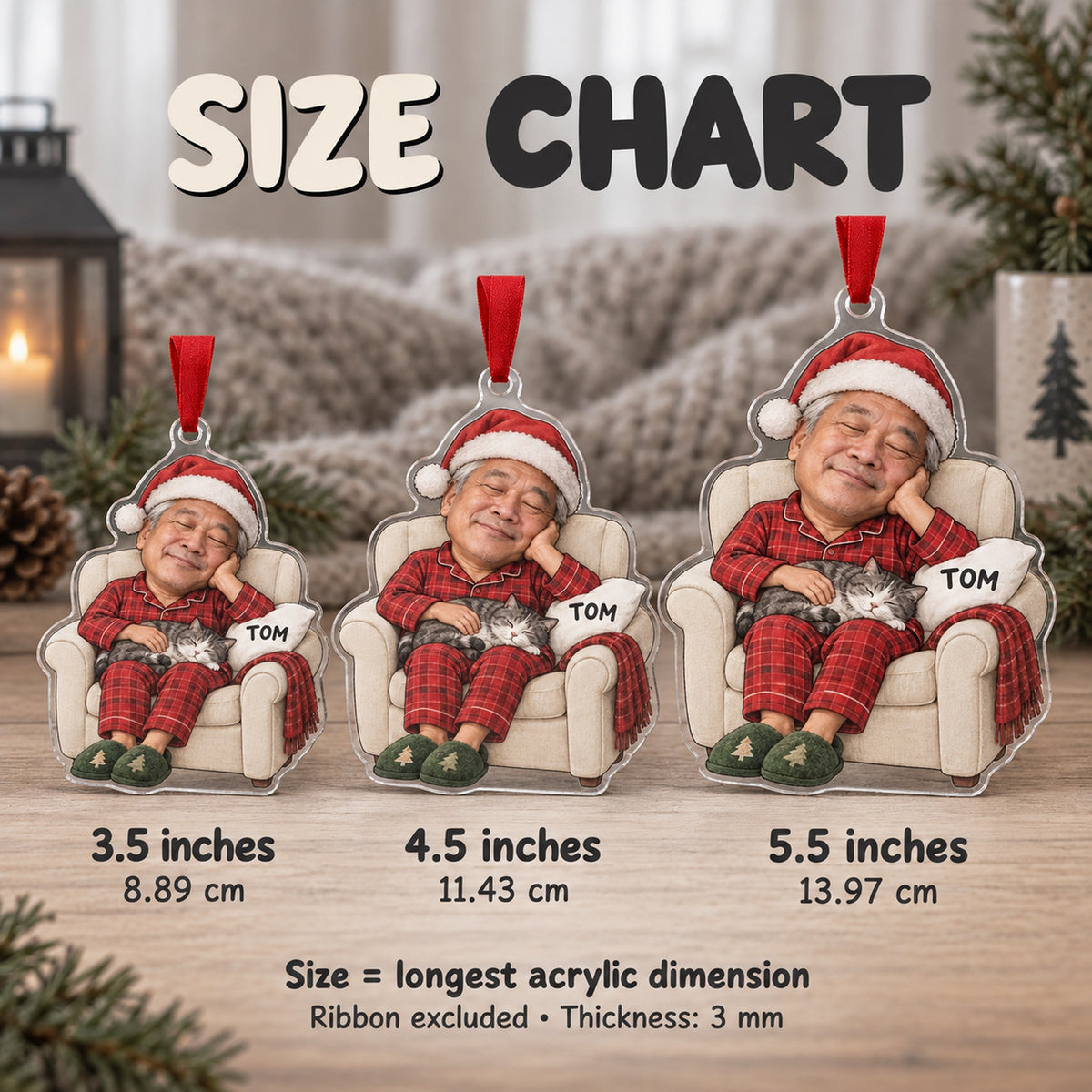 Custom Photo Face Holiday Nap Champion Acrylic Ornament — Size guide