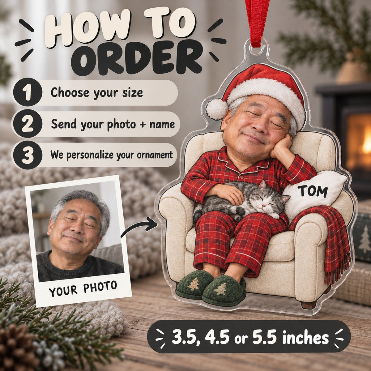 Custom Photo Face Holiday Nap Champion Acrylic Ornament — How to order