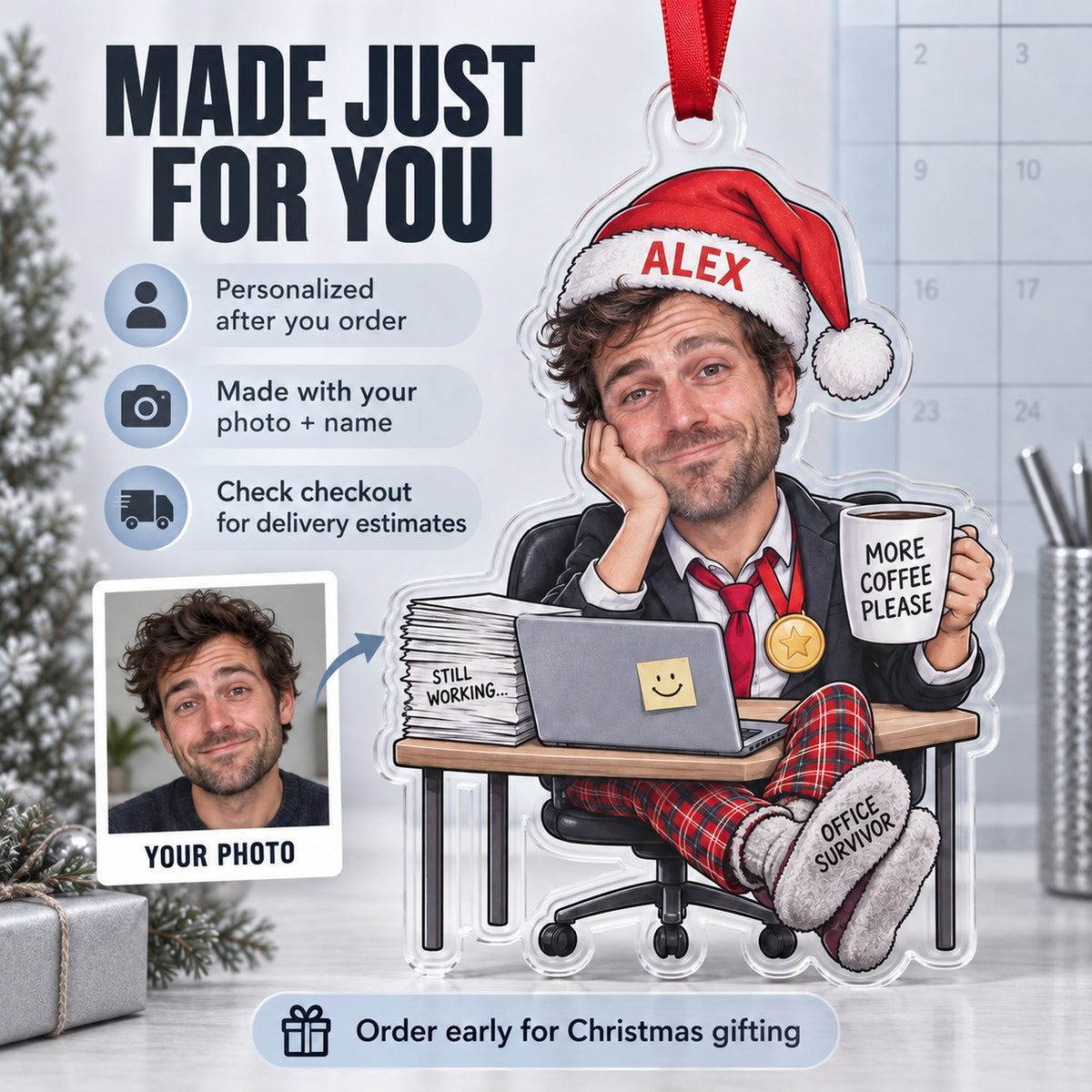 Custom Photo Face Meeting Survivor Acrylic Ornament — Production and delivery