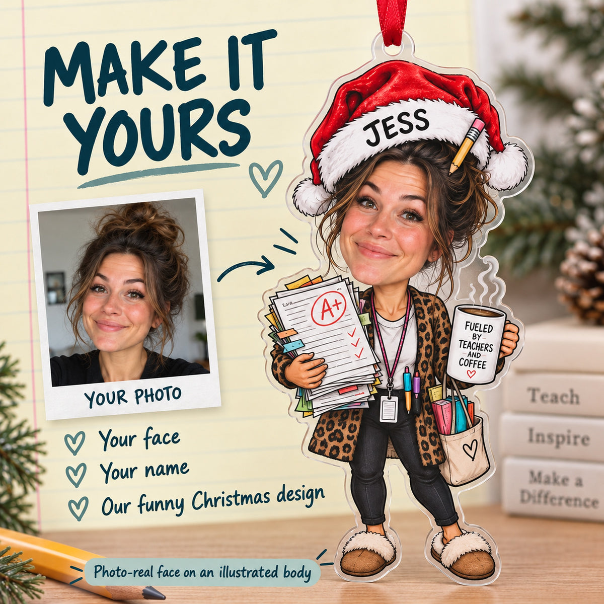Custom Photo Face Teacher Winter Break Acrylic Ornament — Personalization example