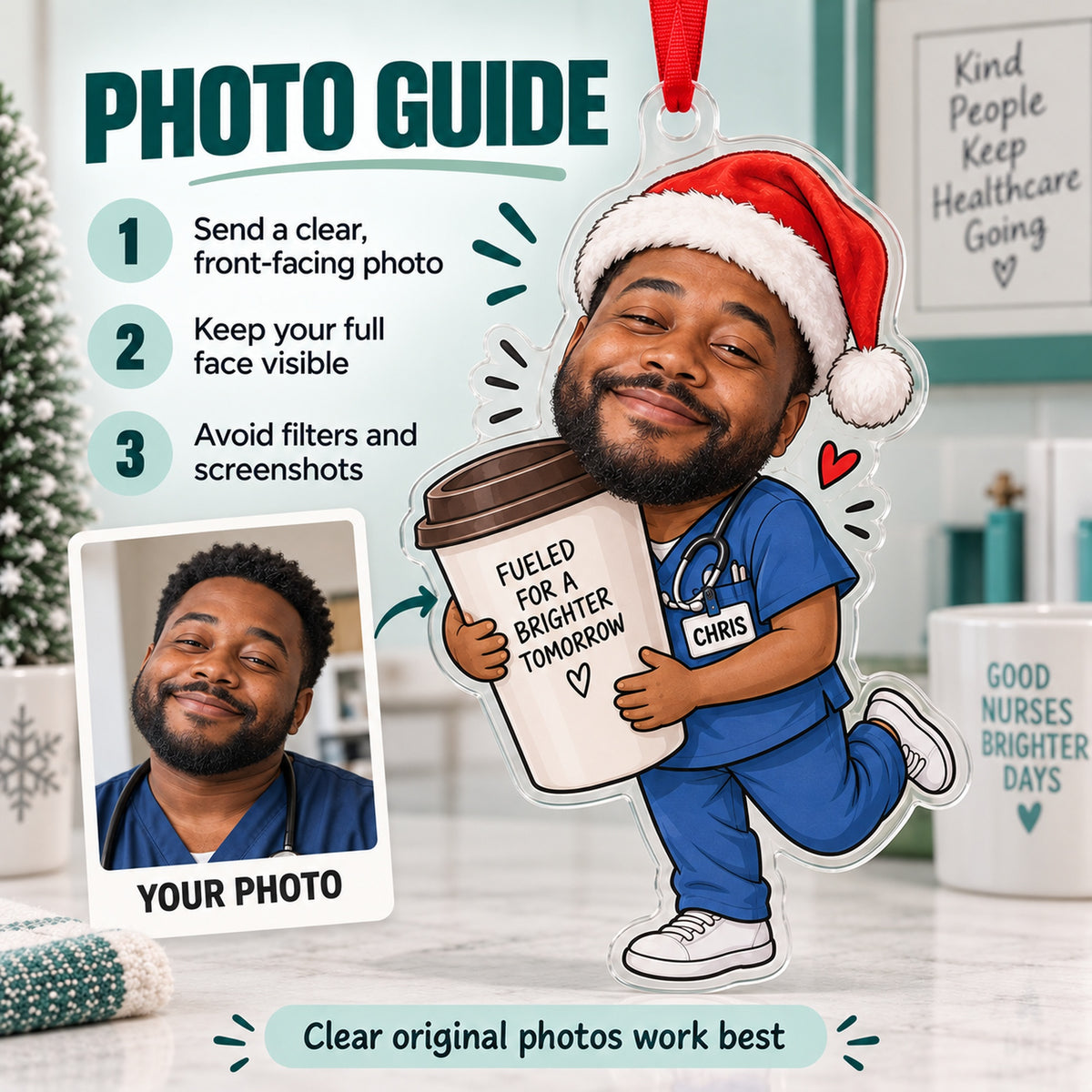 Custom Photo Face Night Shift Coffee Acrylic Ornament — Personalization guide