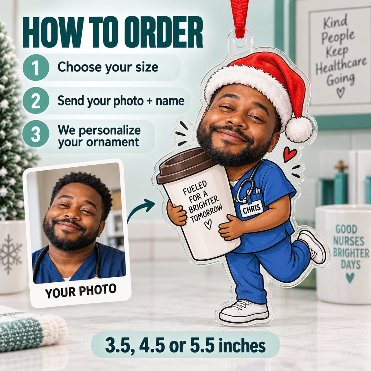 Custom Photo Face Night Shift Coffee Acrylic Ornament — How to order