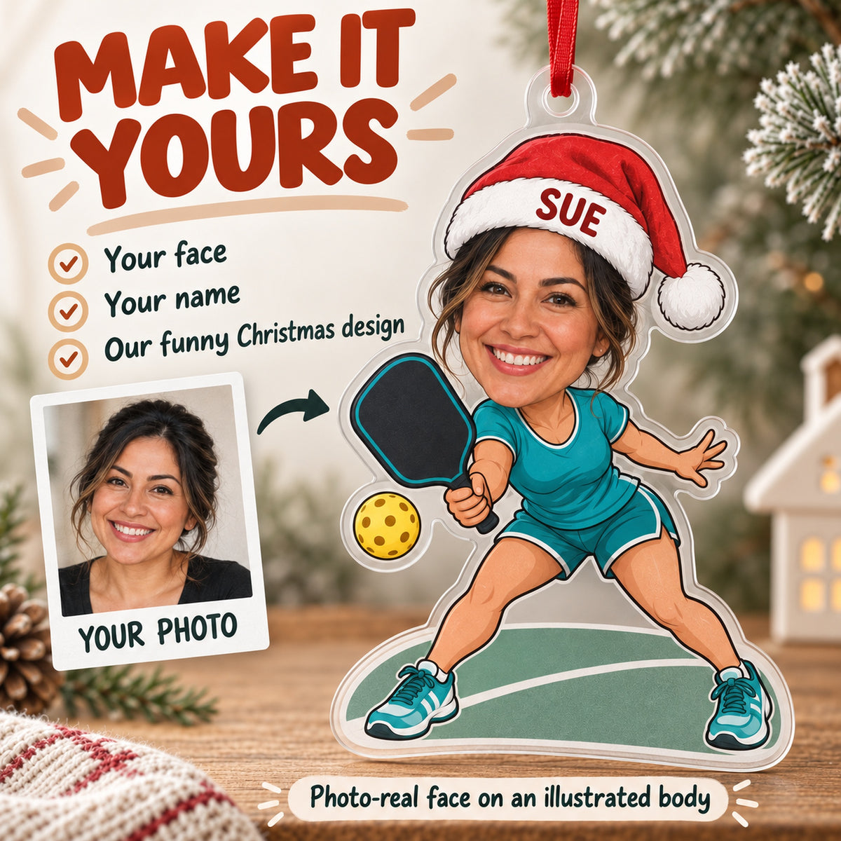 Custom Photo Face Pickleball Obsessed Acrylic Ornament — Personalization example