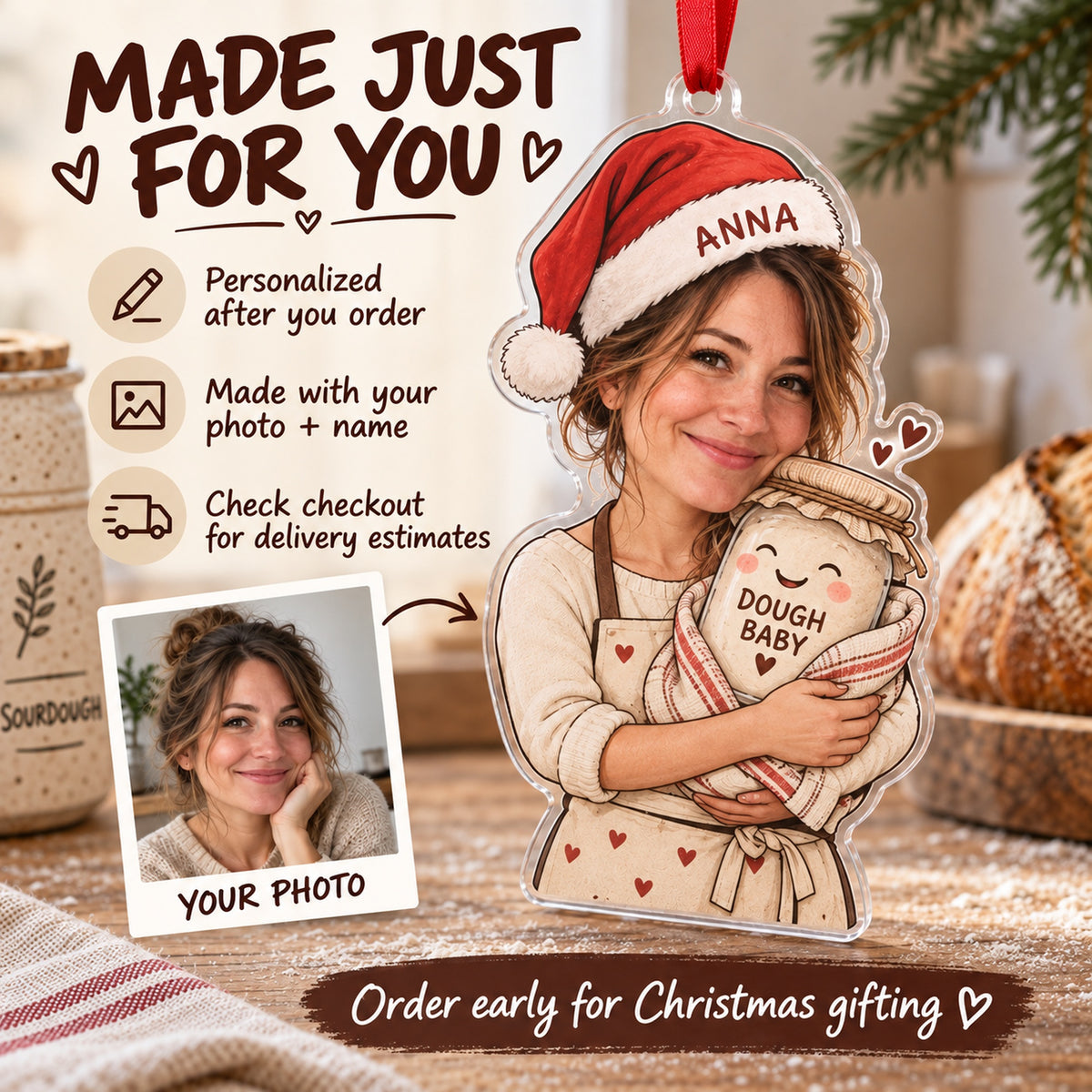Custom Photo Face Sourdough Babysitter Acrylic Ornament — Production and delivery