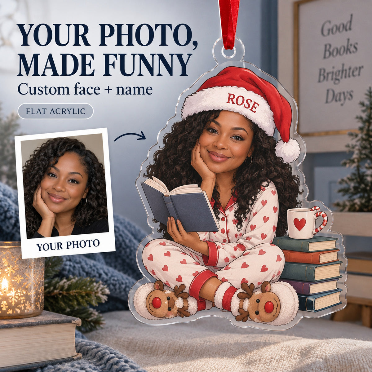 Custom Photo Face One More Chapter Acrylic Ornament — Main design