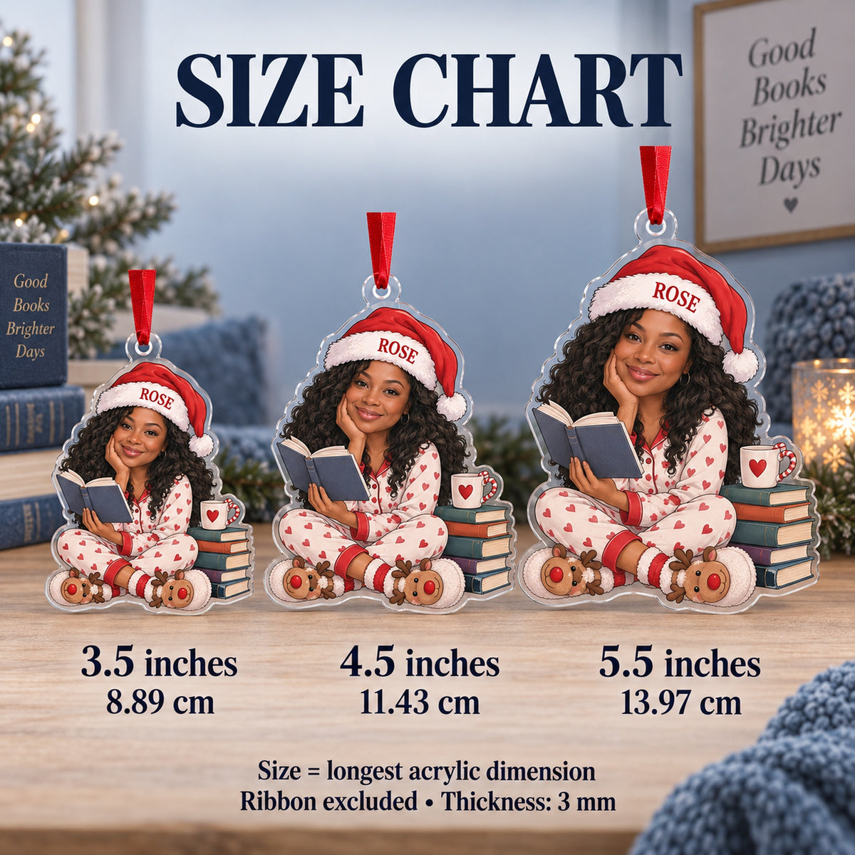 Custom Photo Face One More Chapter Acrylic Ornament — Size guide