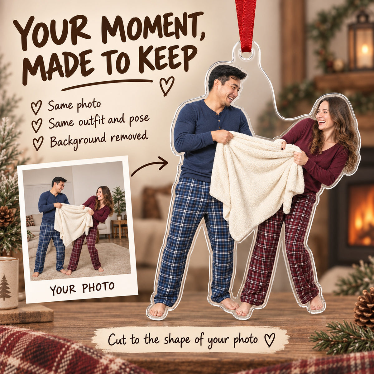 Custom Photo Couple Blanket Battle Acrylic Ornament — Personalization example