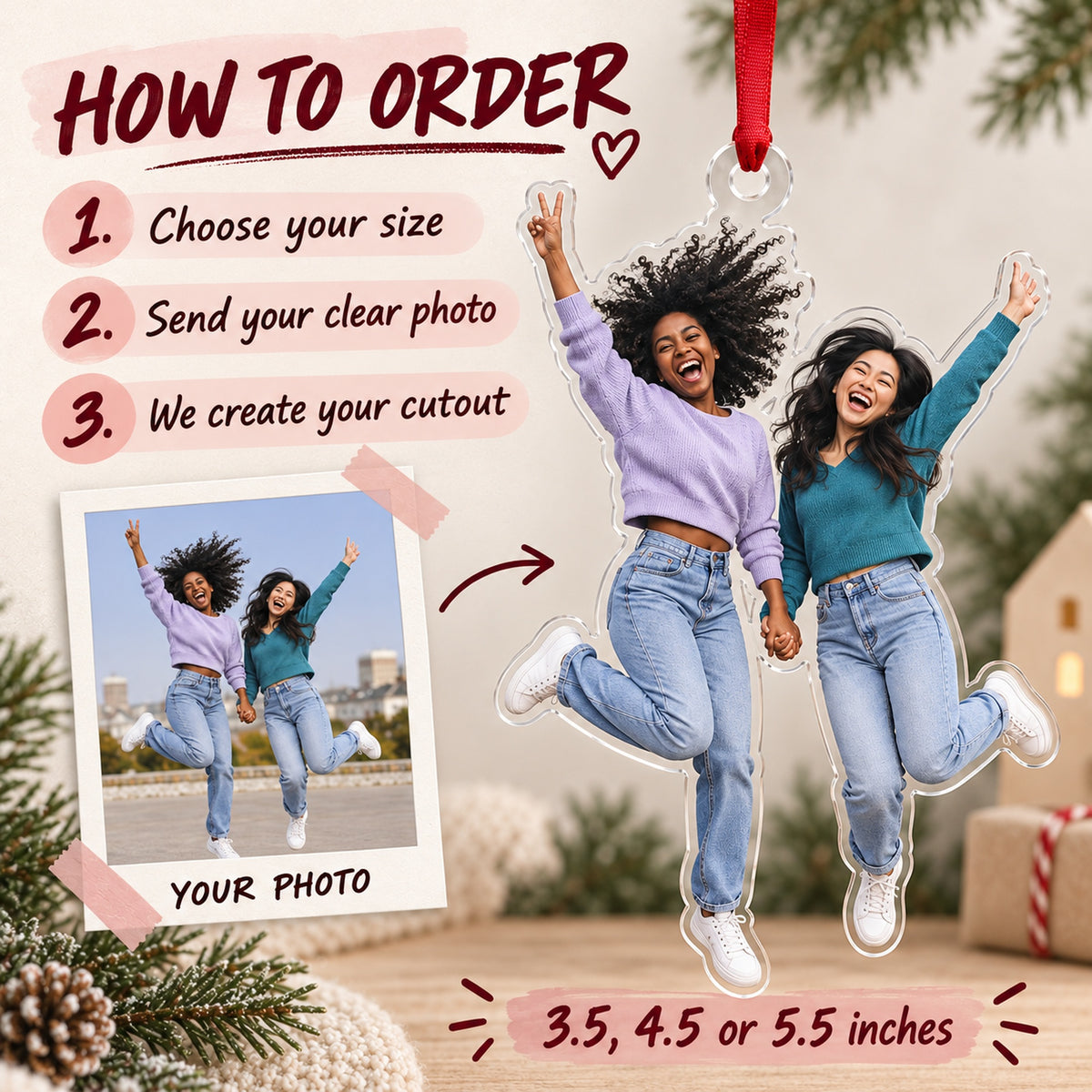Custom Photo Bestie Jump Acrylic Ornament — How to order