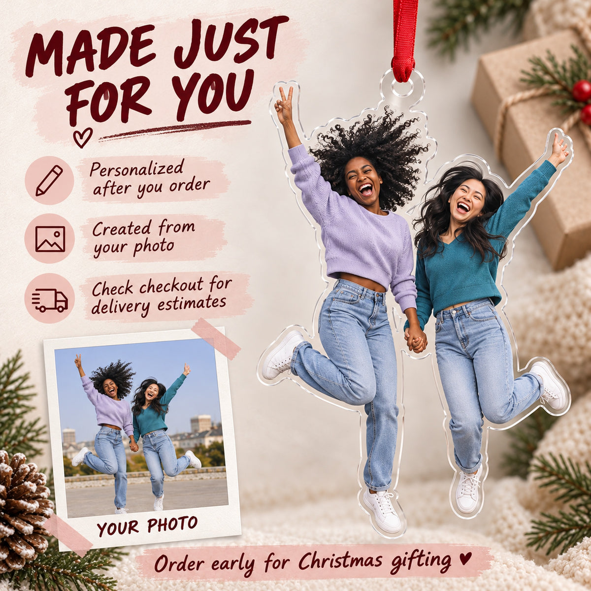 Custom Photo Bestie Jump Acrylic Ornament — Production and delivery