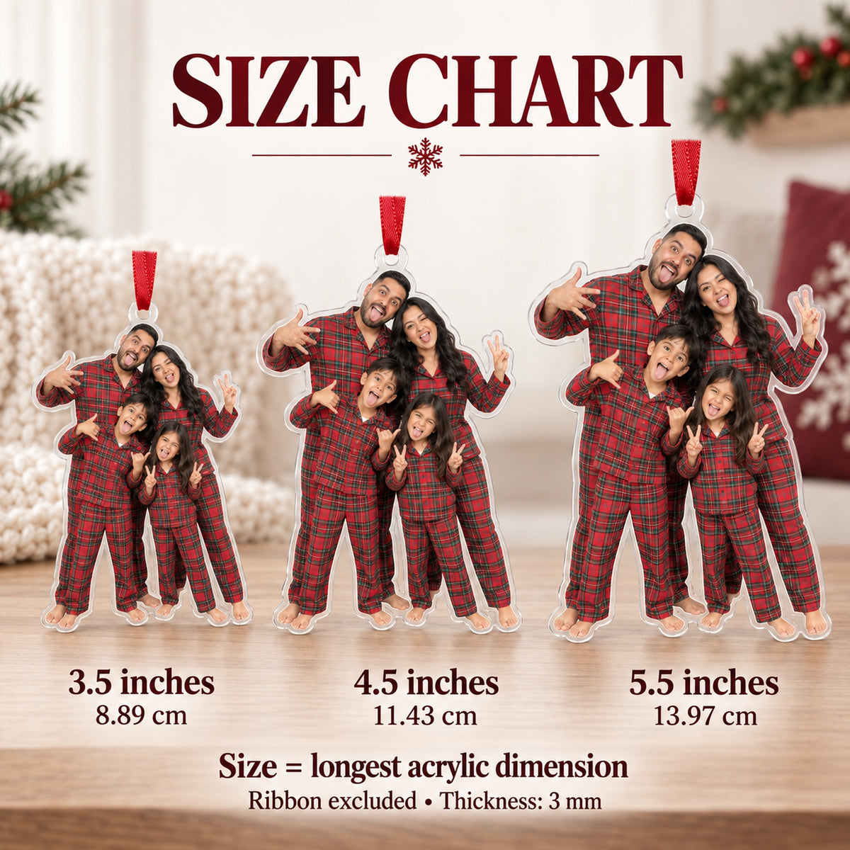 Custom Photo Family Pajama Chaos Acrylic Ornament — Size guide