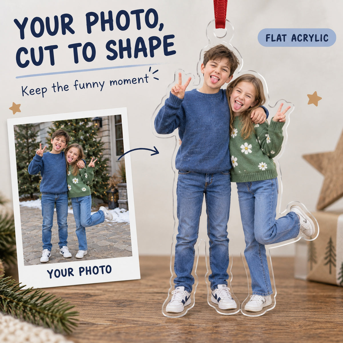 Custom Photo Sibling Silly Pose Acrylic Ornament — Main design
