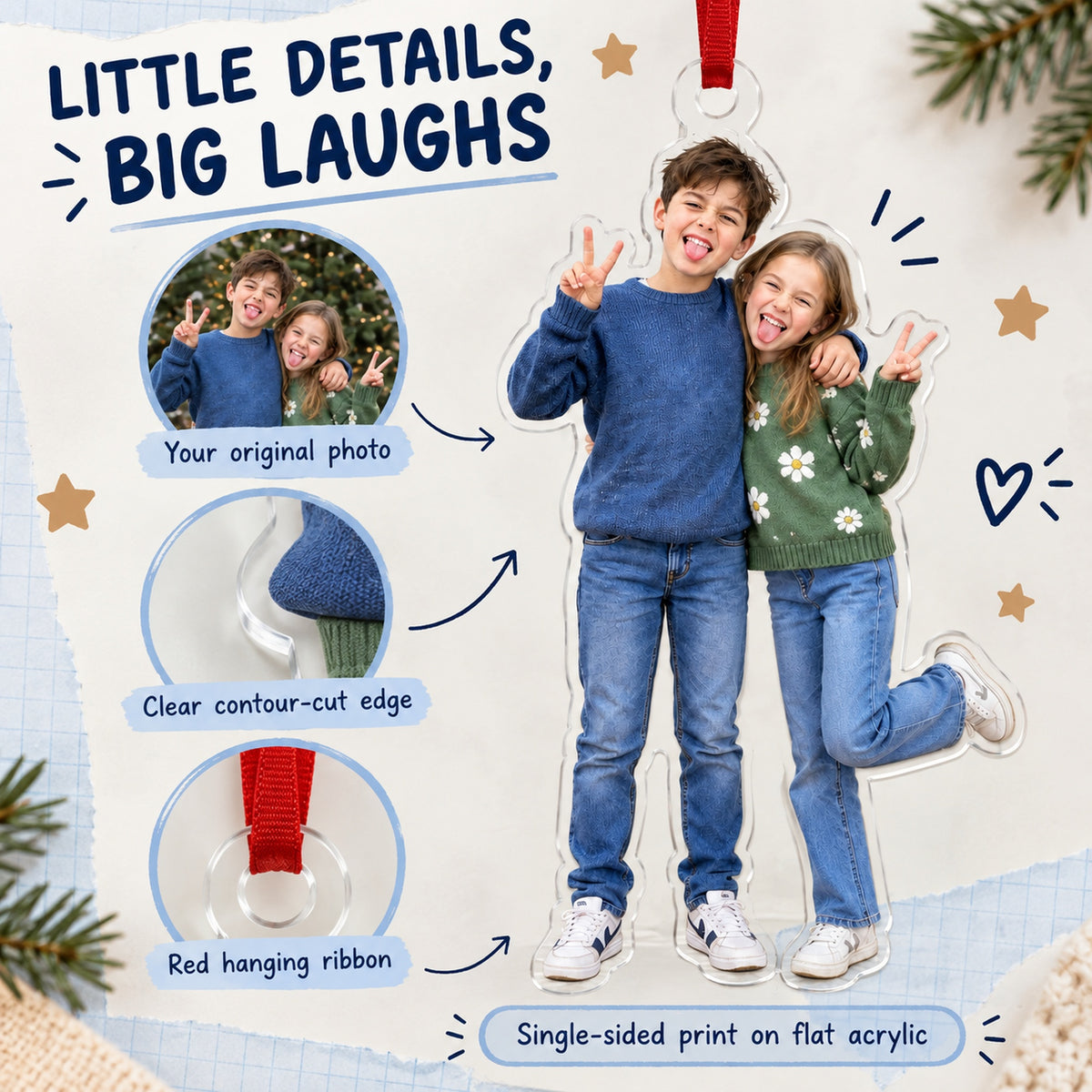 Custom Photo Sibling Silly Pose Acrylic Ornament — Product details