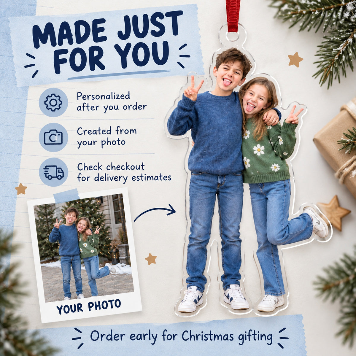 Custom Photo Sibling Silly Pose Acrylic Ornament — Production and delivery