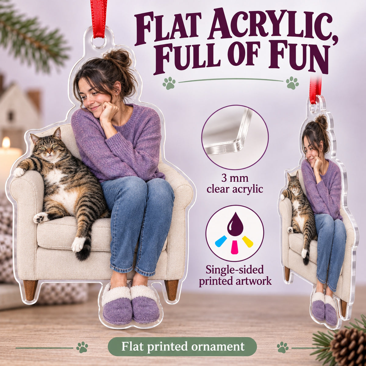 Custom Photo Cat Takes the Chair Acrylic Ornament — Flat acrylic material