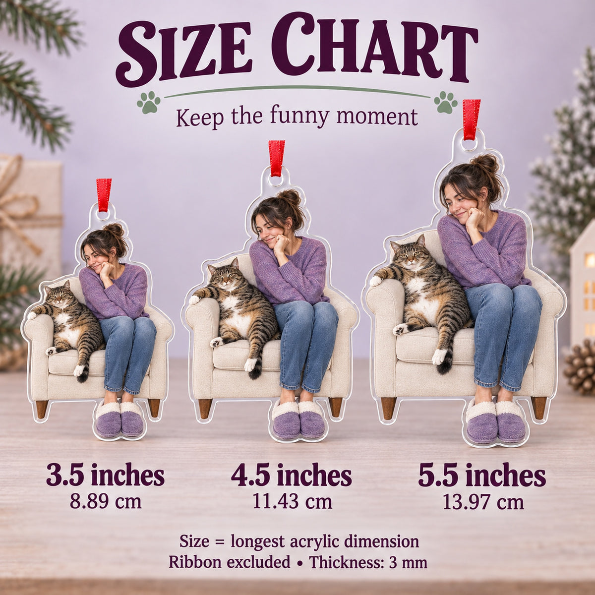Custom Photo Cat Takes the Chair Acrylic Ornament — Size guide