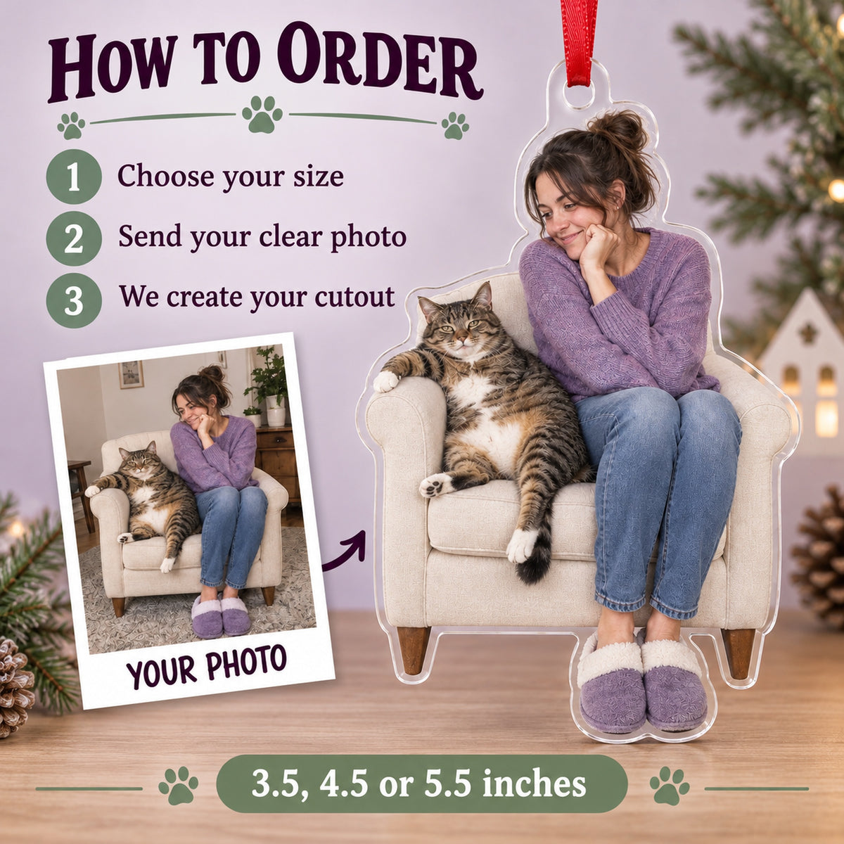 Custom Photo Cat Takes the Chair Acrylic Ornament — How to order