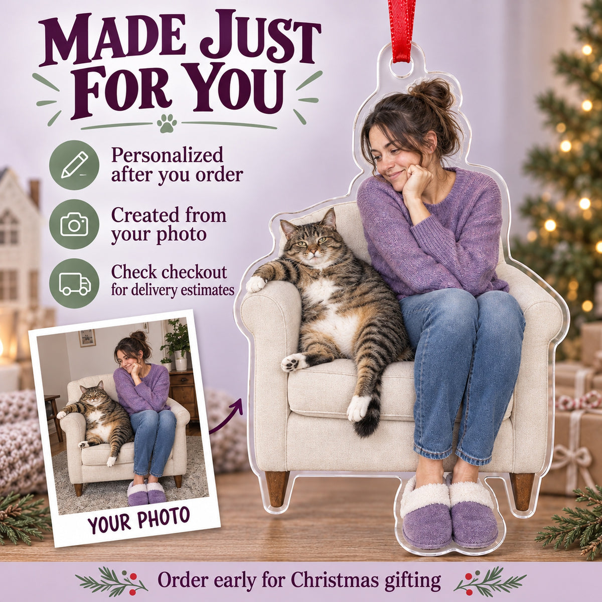 Custom Photo Cat Takes the Chair Acrylic Ornament — Production and delivery