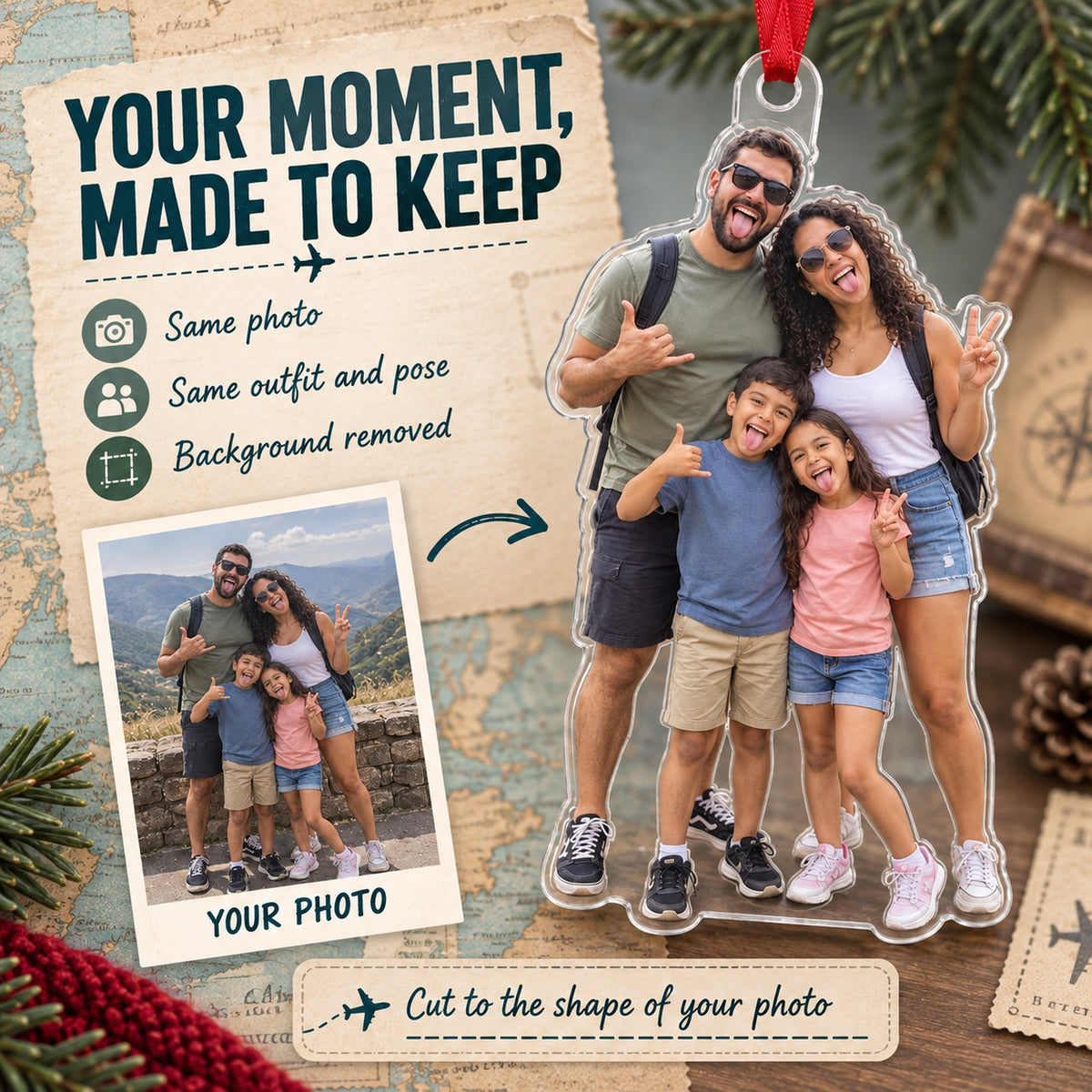 Custom Photo Family Funny Vacation Acrylic Ornament — Personalization example