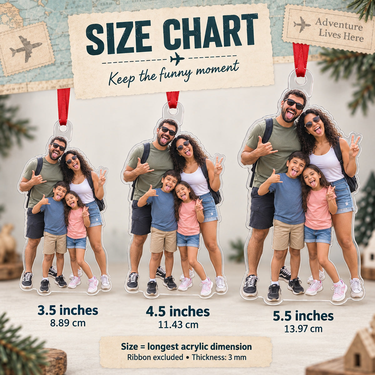 Custom Photo Family Funny Vacation Acrylic Ornament — Size guide
